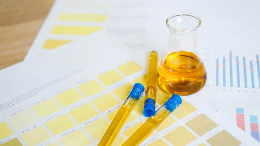 Flask and test tubes with urine on medical color schemes. Concept of analyzes